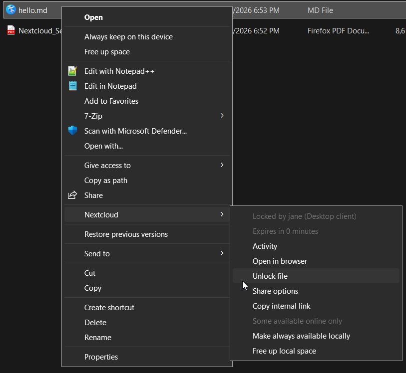 Nextcloud menu and locking the file